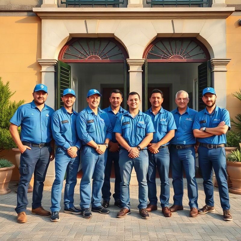 Retrato del equipo de electricistas de Swiftubeta frente a una fachada de Paysandú